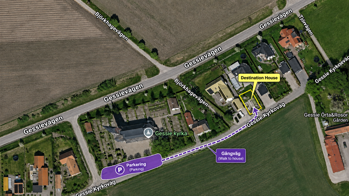 Karte mit dem Parkplatz an der Kirche von Gessie und dem kurzen Fußweg zu Lilla Oasen